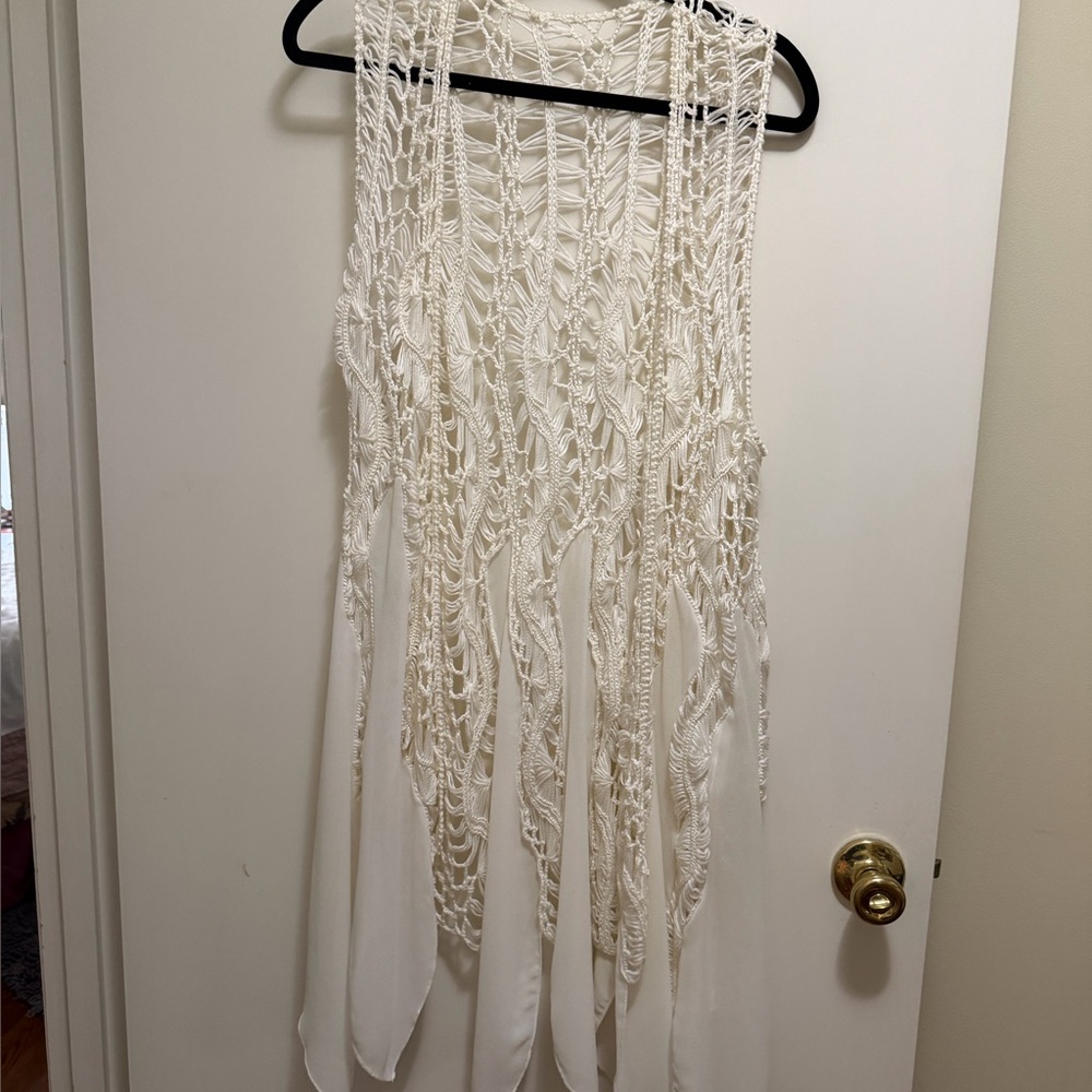 Crochet Fringe Open Front Vest - Cream
